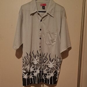 Vintage Extremegear Gray and Black Button-Up Shirt with Palm Tree Design.  X-L